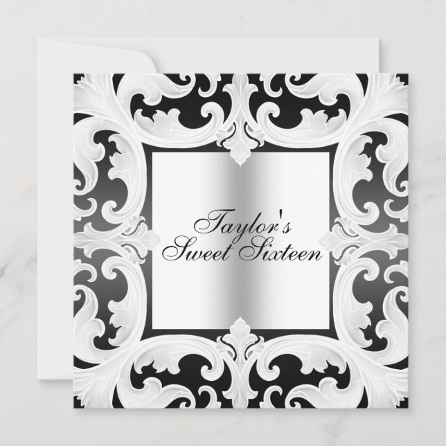 Svart/Vit Sweet16 Damask-design Födelsedagsinbjuda Inbjudningar (Framsida)