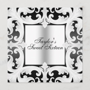 Svart/Vit Sweet16 Damask-design Födelsedagsinbjuda Inbjudningar