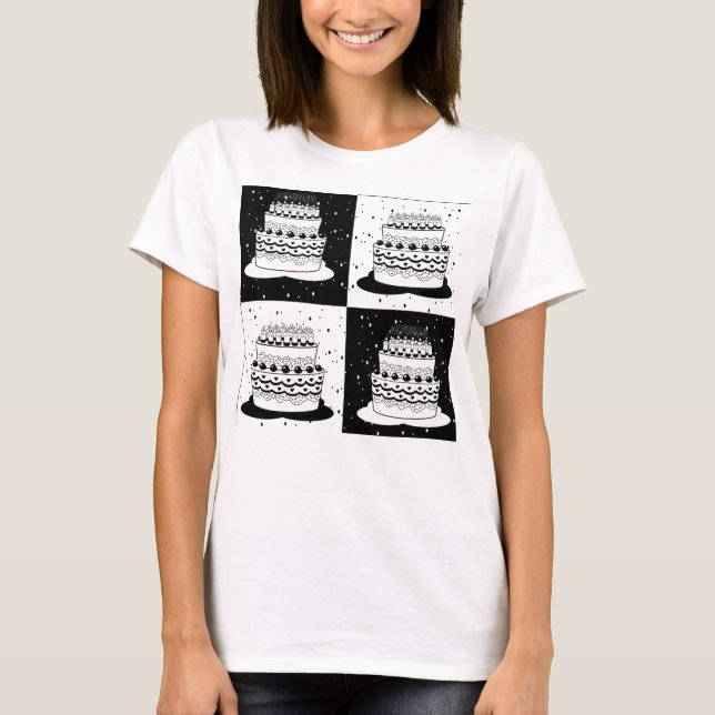 Svart Vit Tårta Rutig Blocktryck T Shirt (Framsida)