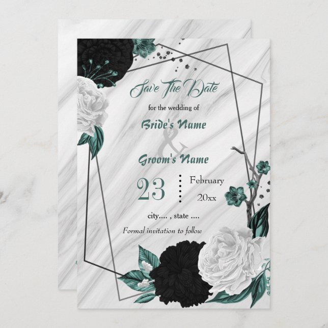 Svart vit teal blommigt silver geometrisk marmor spara datumet (Fram/baksida)