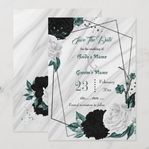 Svart vit teal blommigt silver geometrisk marmor spara datumet
