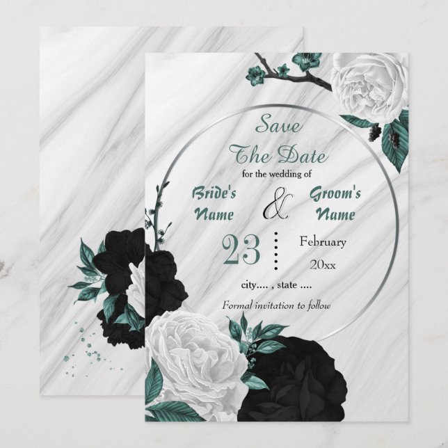 Svart vit teal blommigt silver geometrisk marmor spara datumet (Fram/baksida)