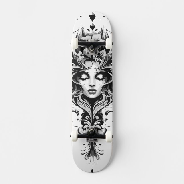 Svart & Vit Teckning av en Kvinna Mini Skateboard Bräda 18,5 Cm (Framsida)