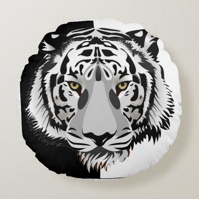 Svart Vit Tiger  Rund Kudde (Framsidan)