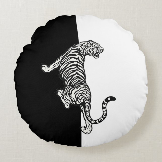 Svart Vit Tiger  Rund Kudde (Framsidan)
