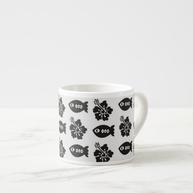 Svart-vit Tiki-fisk- och blommönster Espressomugg (Framsida höger)