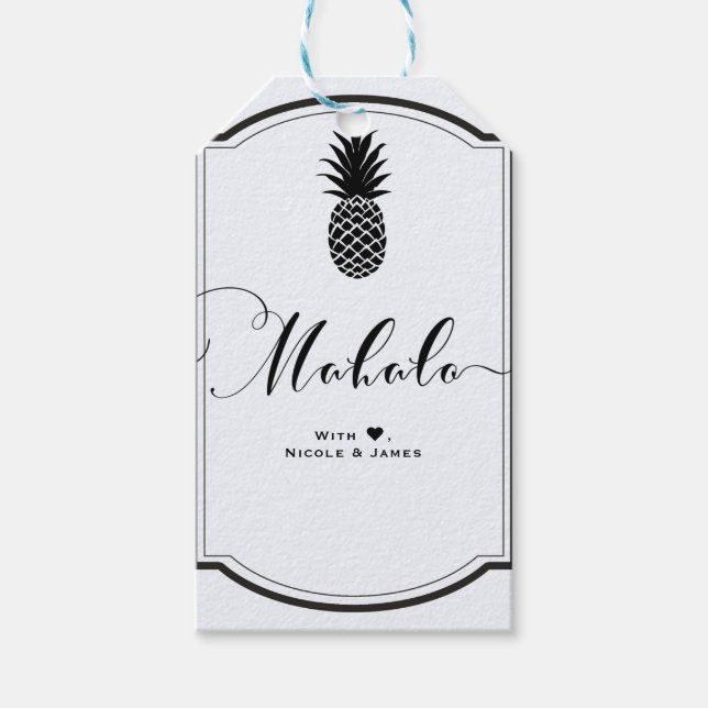 Svart  Vit Tropisk Ananas Förmån MAHALO ALOHA Presentetikett (Framsidan)