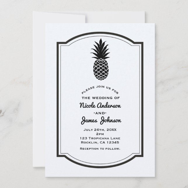 Svart & Vit Tropisk Elegant Pineapple Chic Inbjudningar (Framsida)