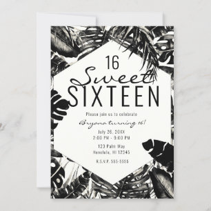 Svart & Vit Tropisk Palmblad Sweet 16 Inbjudningar