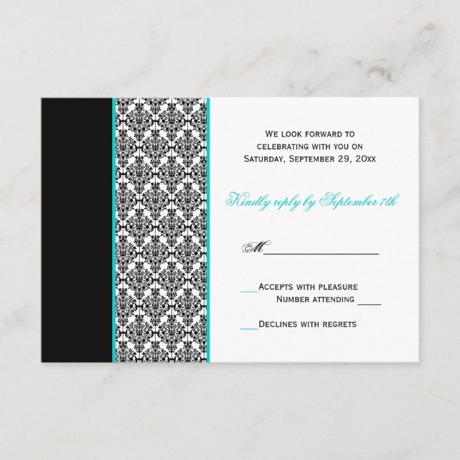 Svart Vit Turkos Damask RSVP-kort OSA Kort (Framsida)