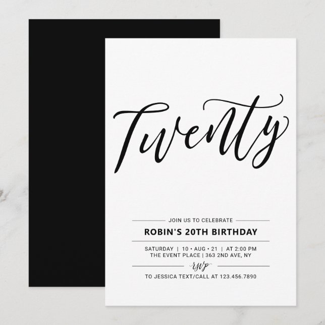 Svart & Vit Twenty Minimal 20-års födelsedagsfest Inbjudningar (Fram/baksida)