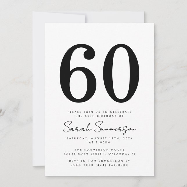 Svart Vit Typografi Sextio 60-års Födelsedagsfest Inbjudningar (Framsida)