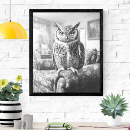 Svart-vit uggla på vardagsrumsstol illustration poster