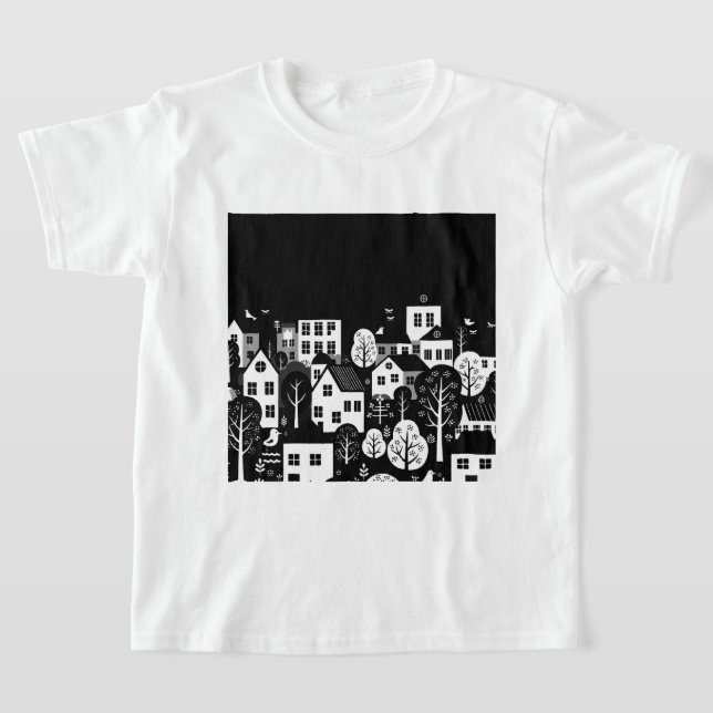 Svart-vit urban illustration t shirt (Laydown)