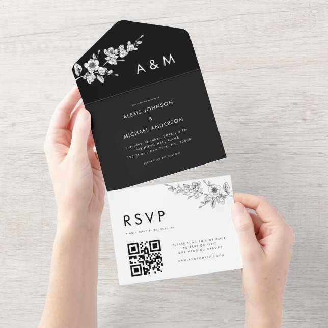 Svart & Vit Vårblomma Minimalistisk QR-kod (Avrivbar del)