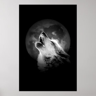 Svart & Vit Varg som ylar mot månen Poster