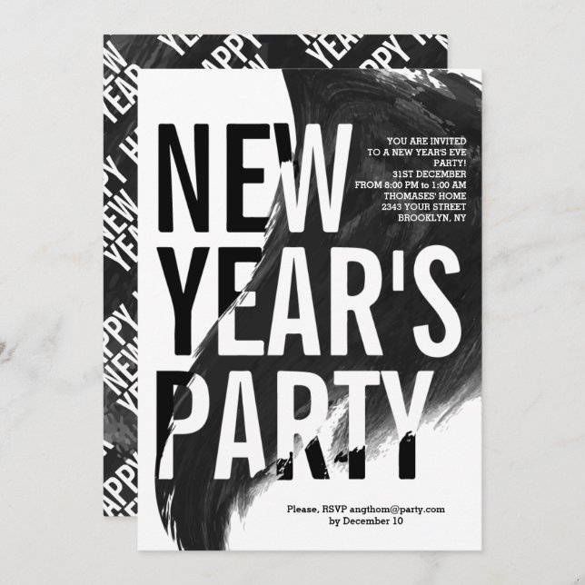 Svart, vit vattenfärg, Nyårsafton party Inbjudningar (Fram/baksida)