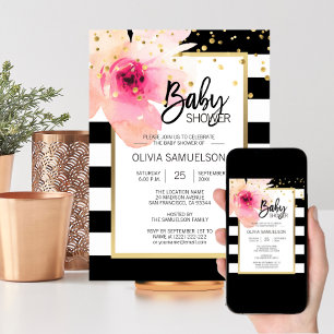 Svart vit vattenfärgsfärgad Rosa Blommigt Babykläd Inbjudningar