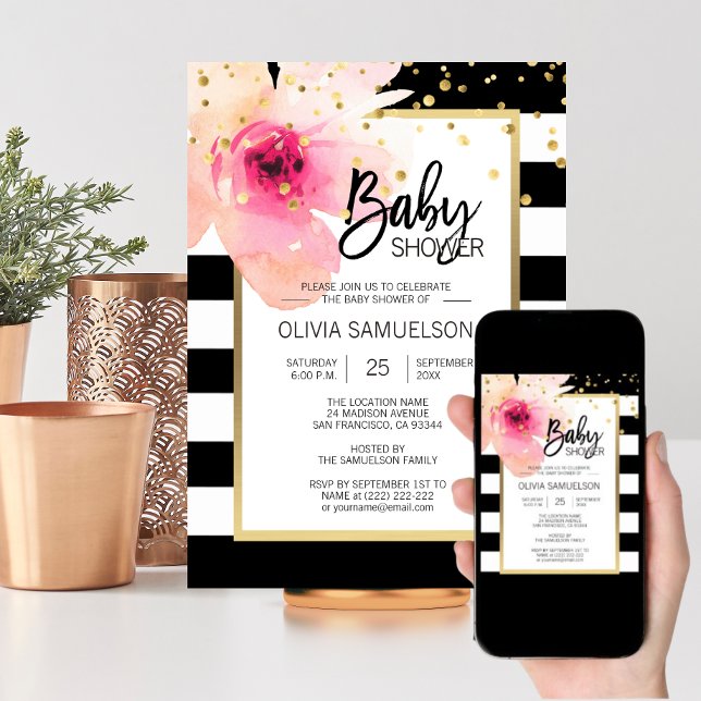 Svart vit vattenfärgsfärgad Rosa Blommigt Babykläd Inbjudningar (Black White Watercolor Pink Floral Baby Shower Invitation)
