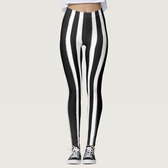 Svart & Vit Vertikal Rand Målarpensel Leggings (Framsida)
