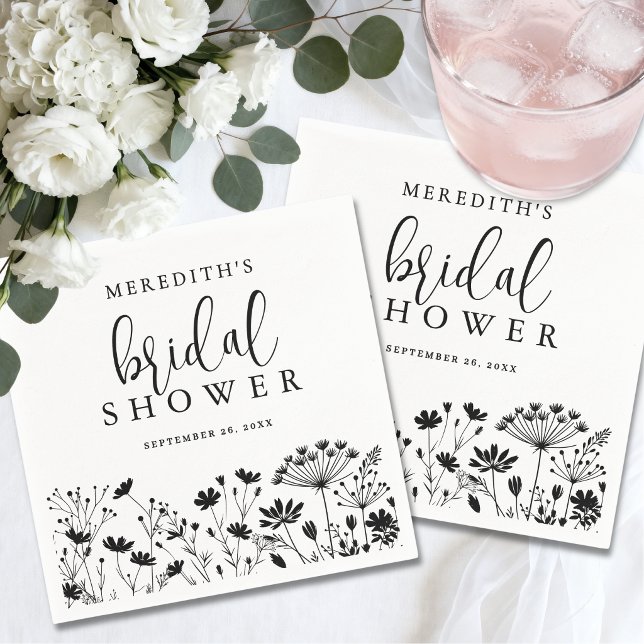 Svart Vit Vildblomma Bröllopsdusch Pappersservett (Black White Wildflower Bridal Shower Napkins)