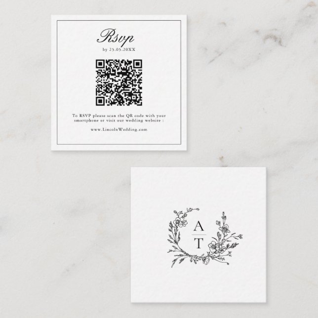 Svart Vit Vildblomma Krönings Bröllops QR-kod RSVP Tilläggskort (Fram/baksida)