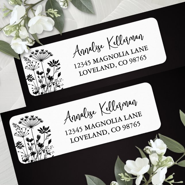 Svart Vit Vildblomma Returadress Etikett (Black White Wildflower Return Address Label )