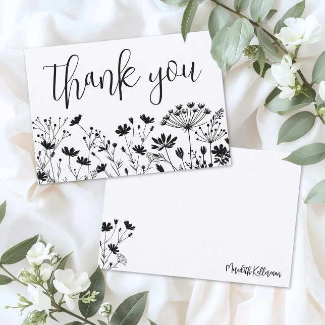 Svart Vit Vildblomma Tack Kort (Black White Wildflower Thank You Card)