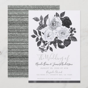 Svart & Vit Vintage Blommor Modern Blommig Chic Inbjudningar
