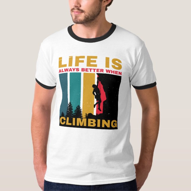 Svart vit Vintage Retro-klättring Ringer T Shirt (Framsida)