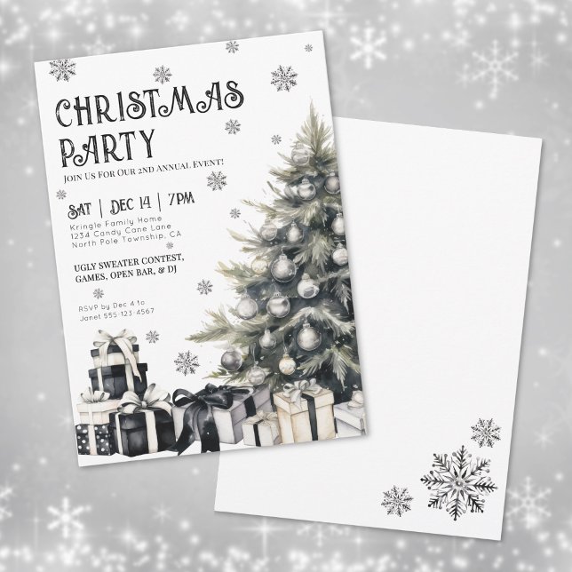 Svart Vit Vinter Julfest Inbjudan (Black White Winter Christmas Party Invitation )