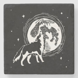Svart & Vit Vrålande Husky Måne Linocut Stenunderlägg