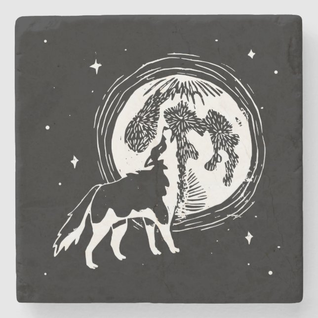 Svart & Vit Vrålande Husky Måne Linocut Stenunderlägg (Framsidan)