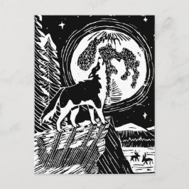 Svart & Vit Vrålande Husky på natten Linocut Vykort