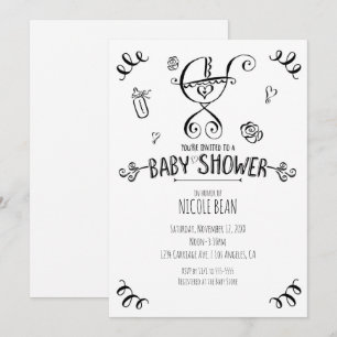 Svart & Vit Whimsical Barnvagn Baby Shower Inbjudningar