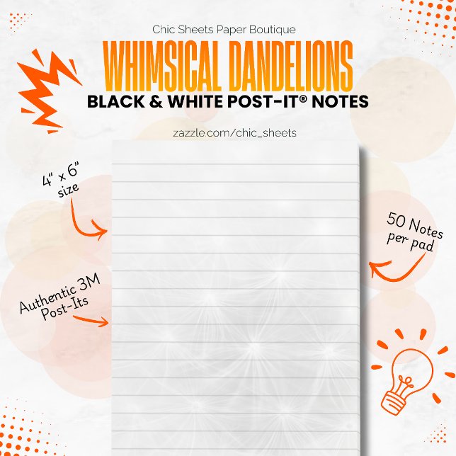 Svart & Vit Whimsical Maskrosor 3M Post-it Block (Skapare uppladdad)