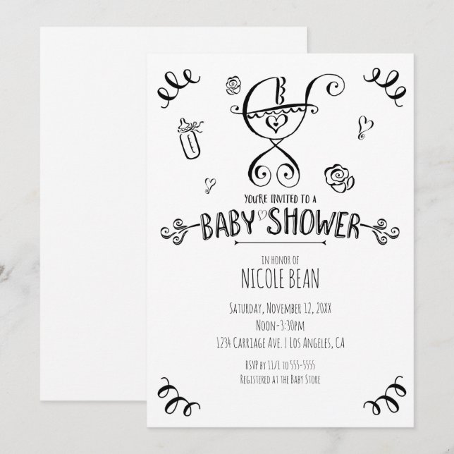 Svart & Vit Whimsical Vagn Baby Shower Inbjudningar (Fram/baksida)