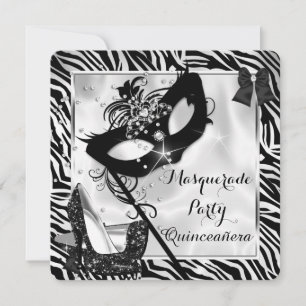 Svart Vit Zebra Masquerade Quinceanera Höga Klacka Inbjudningar