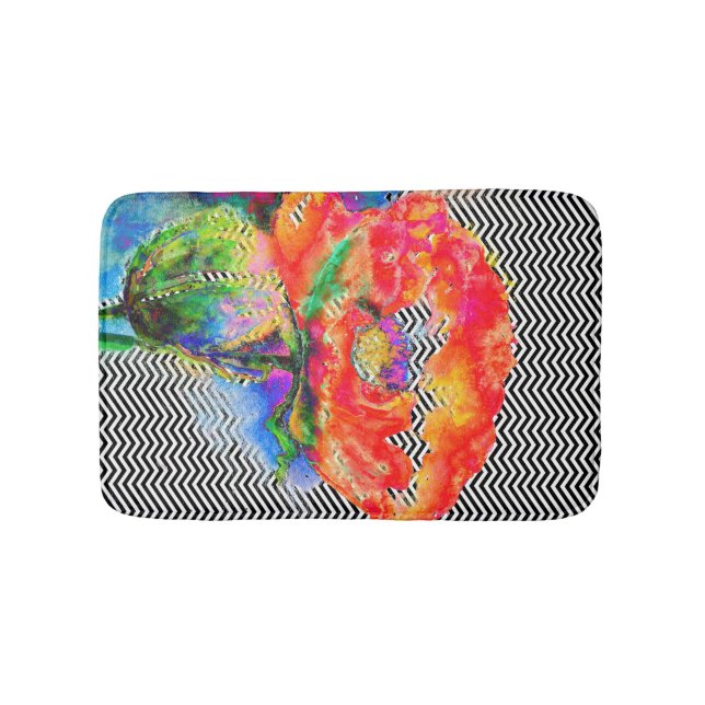 svart vit zig-zag med vattenfärgsröd blommigt badrumsmatta (Framsidan)