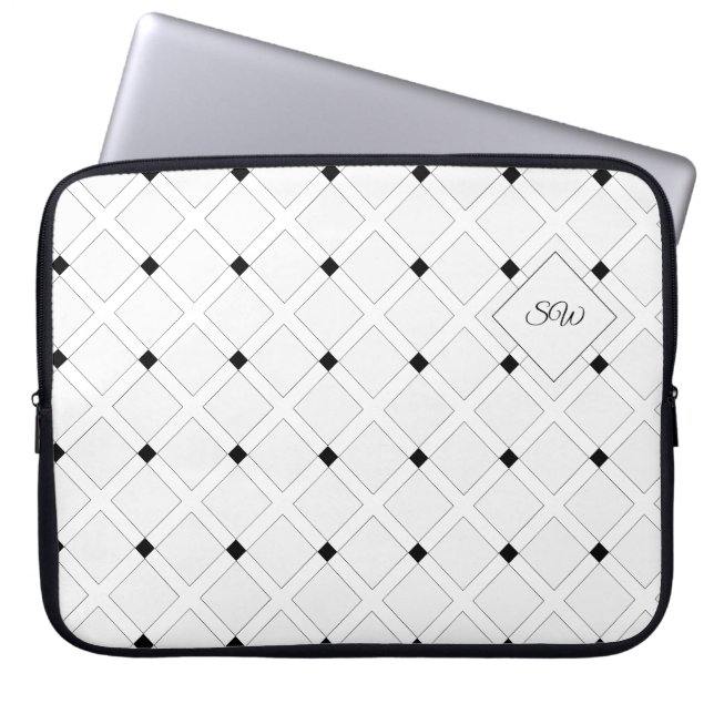 Svart-vita Art Deco-rutor med monogram Laptop Fodral (Framsidan)
