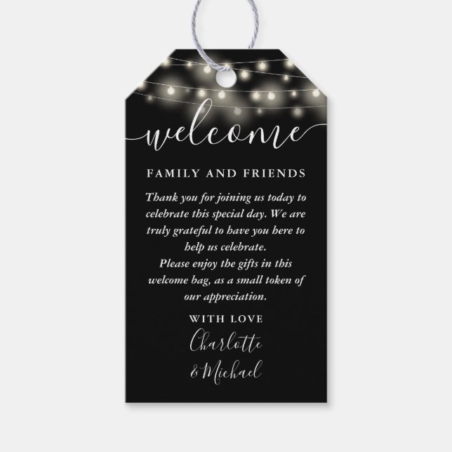 Svart vita ljus vigselfavor välkomstkorg presentetikett (Framsidan)