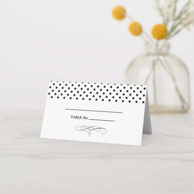 Svart | Vita Polka Dot Bröllop Bord-ortskort Placeringskort (Framsida)