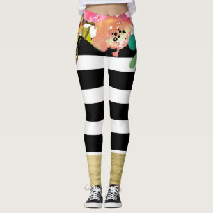 Svart Vita Ränder Glam Guld Modern Blommig Chic Leggings