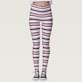 Svart & Vita Ränder med Magenta Blommönster Leggings