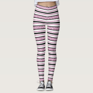 Svart & Vita Ränder med Magenta Blommönster Leggings