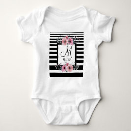 Svart & Vita Ränder Rosa Blommig Monogram T Shirt