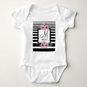 Svart & Vita Ränder Rosa Blommig Monogram T Shirt
