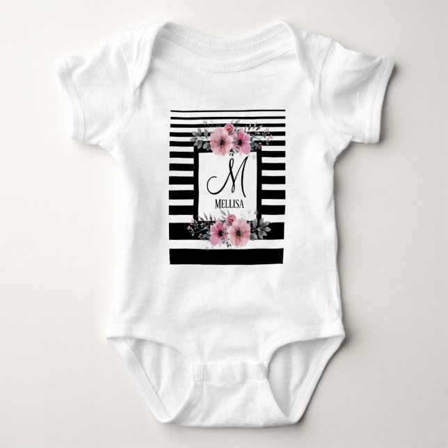 Svart & Vita Ränder Rosa Blommig Monogram T Shirt (Framsida)