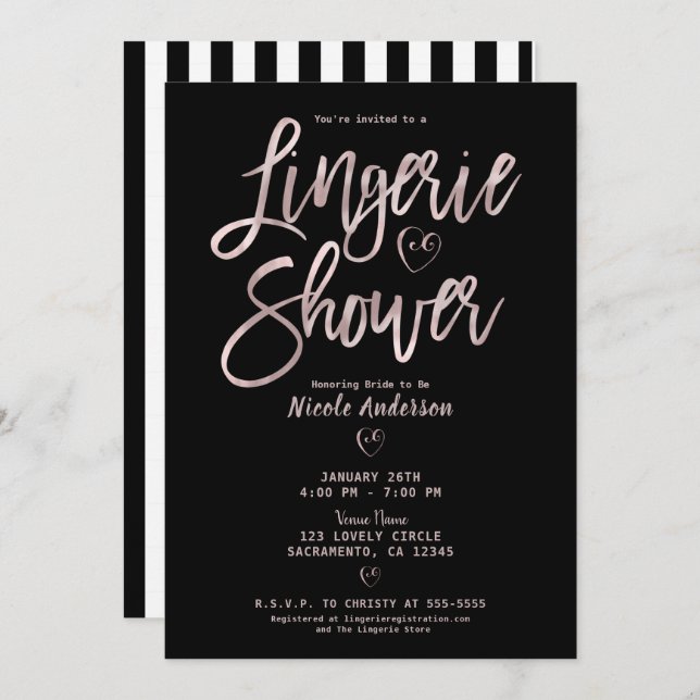 Svart Vita Randiga Rosa Guld Rosa Underkläder Dusc Inbjudningar (Fram/baksida)