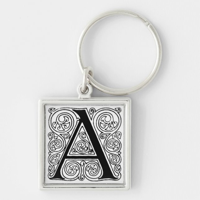 Svart- & vitbrev "A" - Keychain Fyrkantig Silverfärgad Nyckelring (Framsidan)